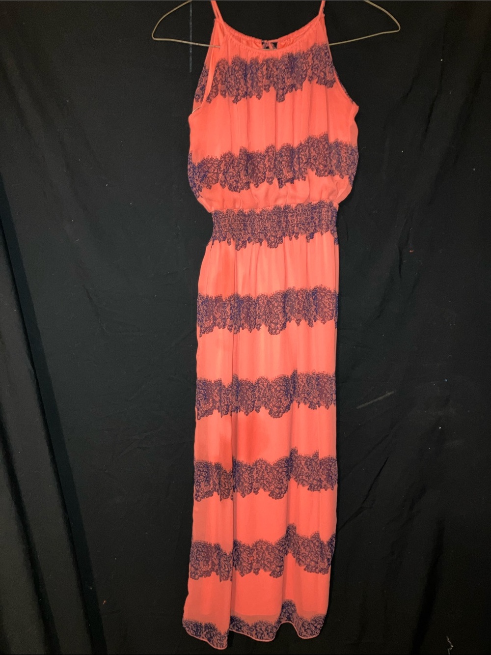 Enfocus Studio Coral Maxi Dress with Navy Lace Stripes